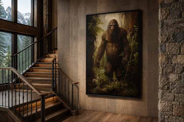 Bigfoot in the Forest framed canvas wall art hanging on a wood-paneled wall next to a staircase.