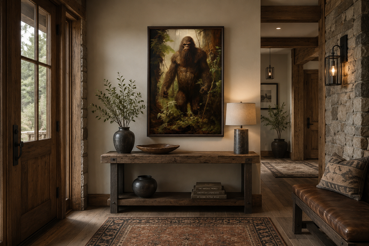 Framed canvas wall art of Bigfoot in a dense forest, displayed in a rustic entryway.