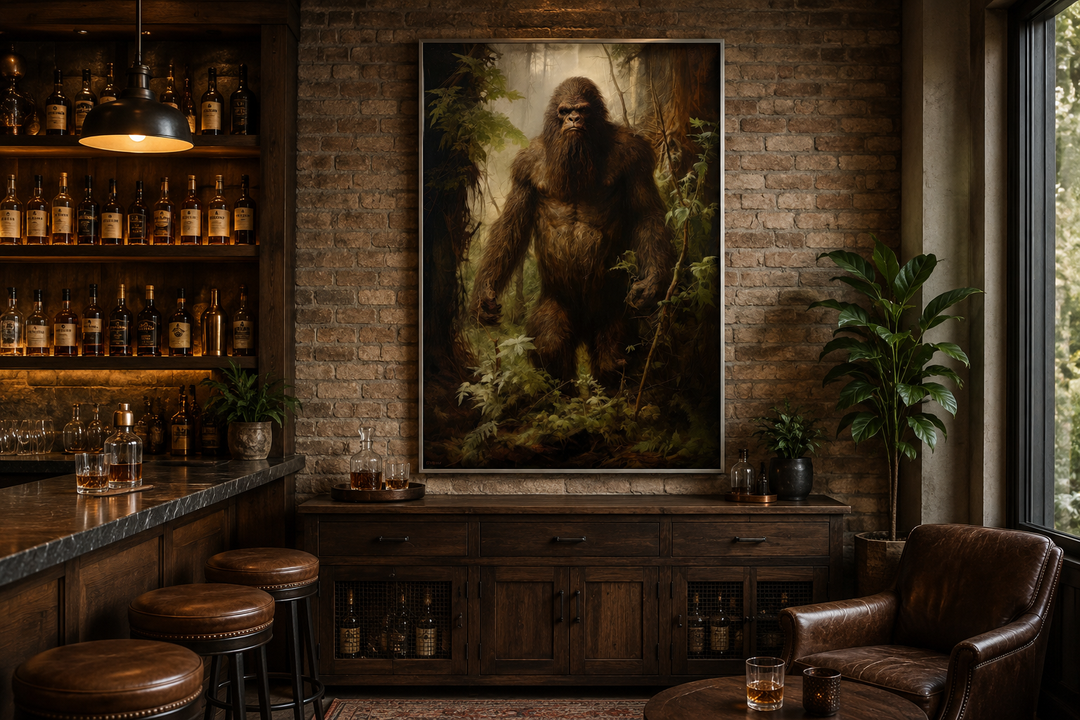 Bigfoot in the forest framed canvas wall art hanging in a rustic man cave with leather seating.