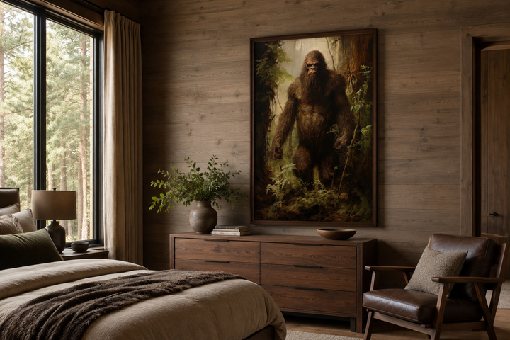 Bigfoot in the forest framed canvas wall art hanging above a wooden dresser in a rustic bedroom.