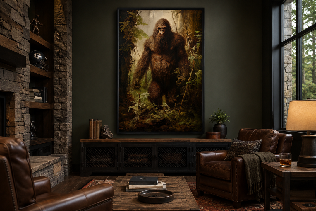 Bigfoot in the Forest framed canvas wall art displayed in a rustic man cave with leather chairs.