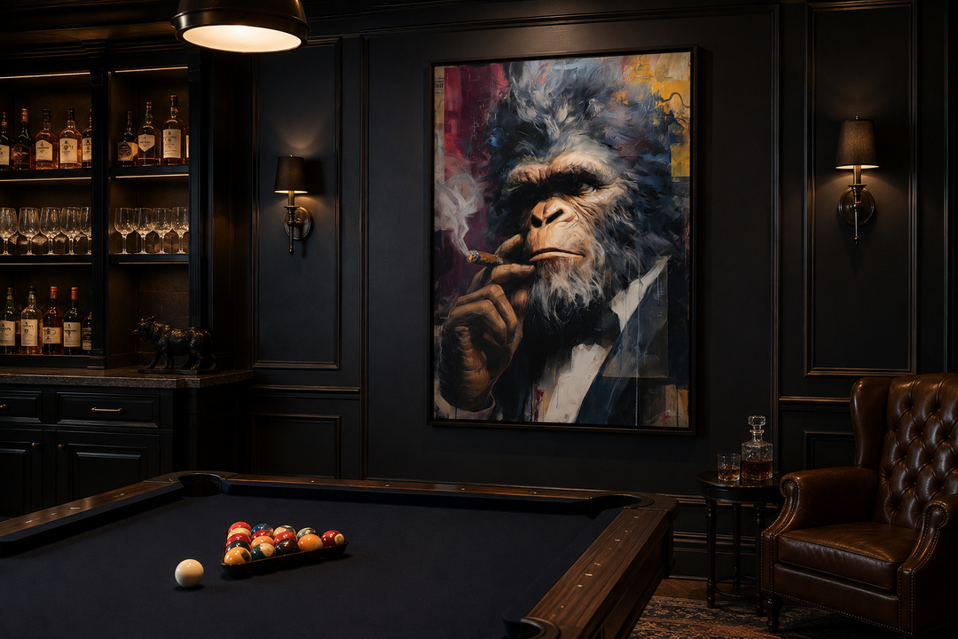 Bigfoot smoking cigar framed canvas wall art in a dark lounge with a pool table and leather chair.