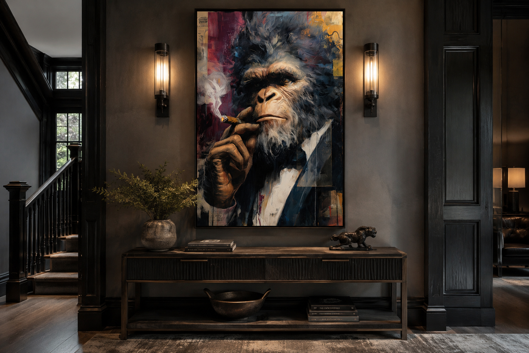Bigfoot smoking cigar framed canvas wall art in a suit, displayed in a dark, modern entryway.