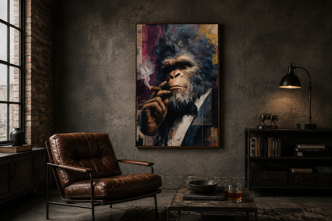 Framed canvas art of Bigfoot in a suit smoking a cigar, hung in a dark, masculine lounge setting.
