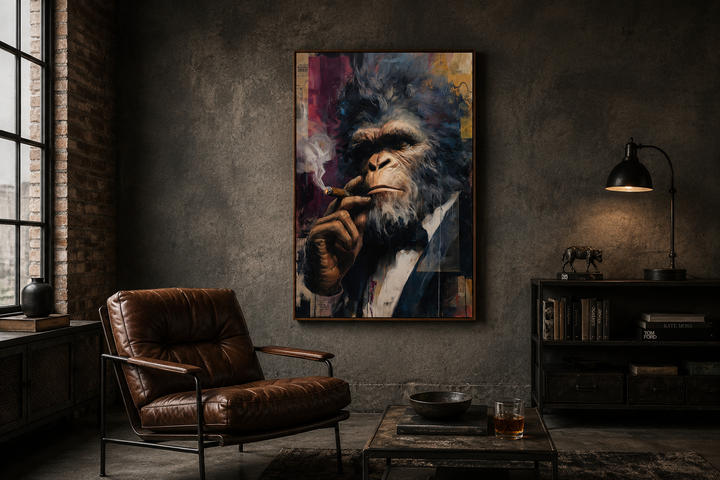 Framed canvas art of Bigfoot in a suit smoking a cigar, hung in a dark, masculine lounge setting.