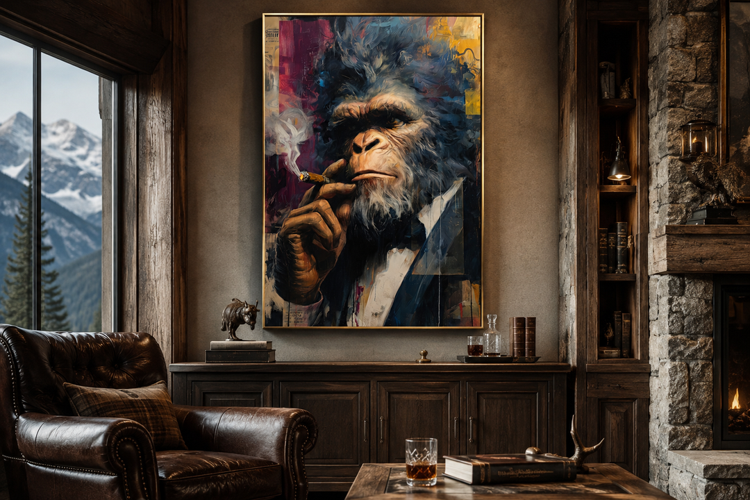 Bigfoot smoking cigar framed canvas wall art in a suit, displayed in a masculine office setting.