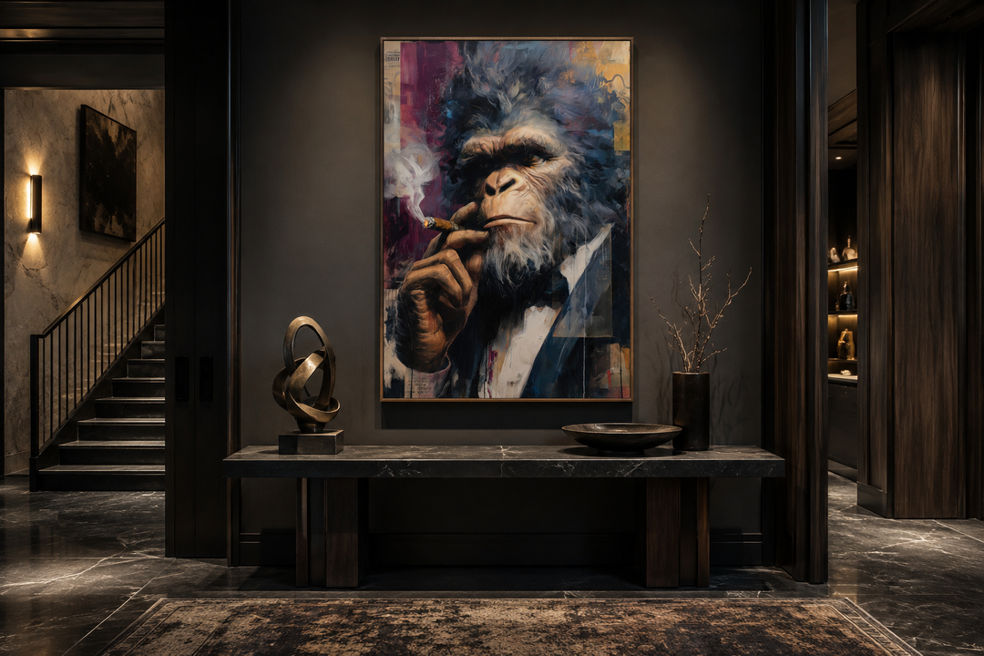 Framed canvas wall art of a Bigfoot in a suit smoking a cigar, hung in a dark modern entryway.