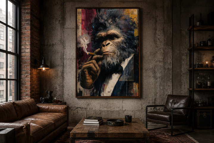 Framed canvas art of Bigfoot in a suit smoking a cigar, hung in a moody, industrial-style room.