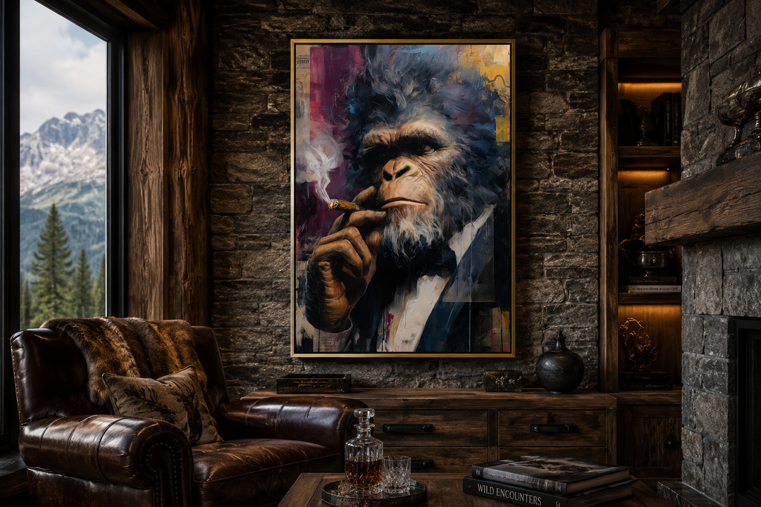 Framed canvas art of a suited Bigfoot smoking a cigar in a rustic, wood-paneled room.