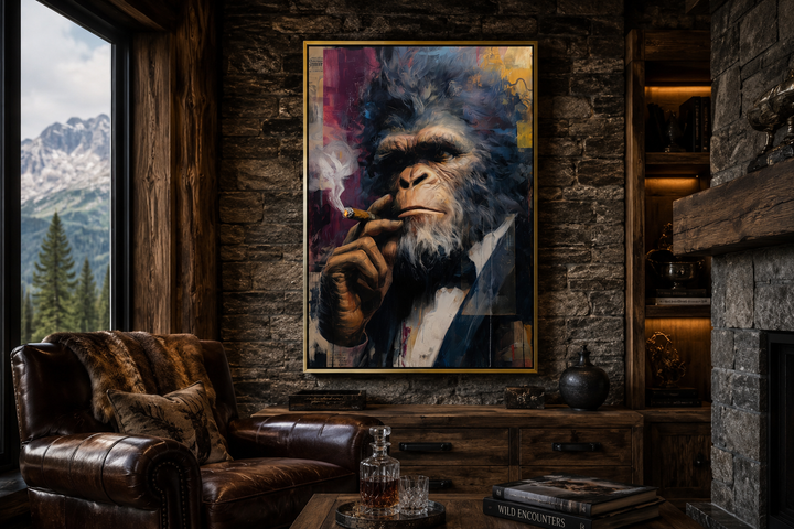 Framed canvas art of a suited Bigfoot smoking a cigar in a rustic, wood-paneled room.