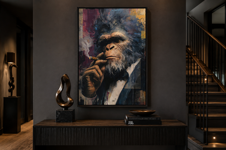 Framed canvas art of a Bigfoot in a suit smoking a cigar, displayed in a modern dark interior.