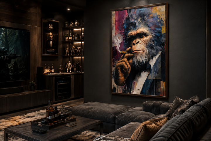 Bigfoot smoking cigar framed canvas wall art in a suit, displayed in a dark masculine lounge.