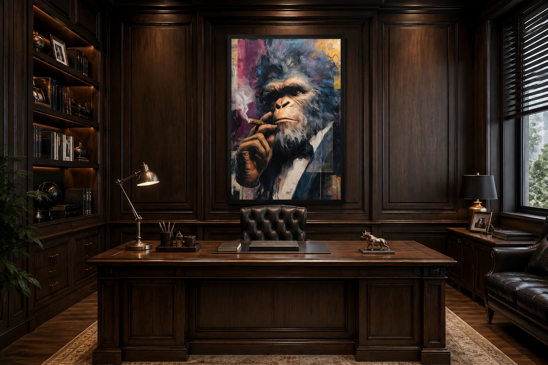 Bigfoot smoking cigar framed canvas wall art in a dark wood-paneled office above a desk.