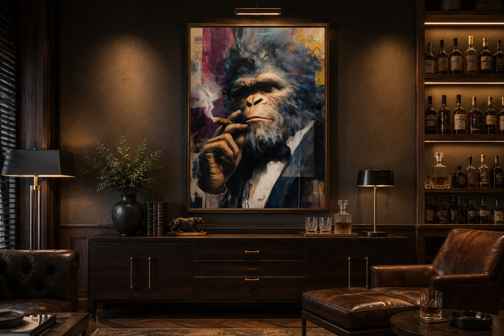 Bigfoot smoking cigar framed canvas wall art in a suit, displayed in a dark masculine office.
