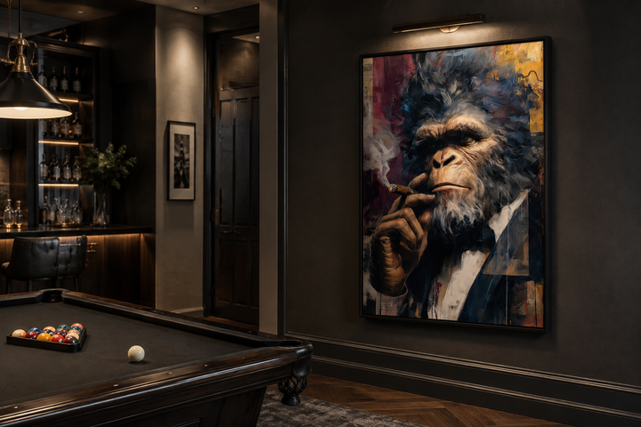 Framed canvas art of a suited Bigfoot smoking a cigar in a dark, sophisticated game room.