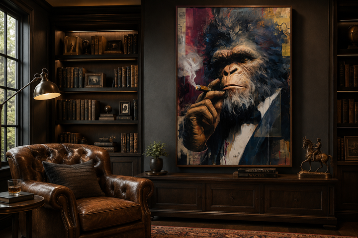 Bigfoot smoking cigar framed canvas wall art in a dark office with leather chair and bookshelves.