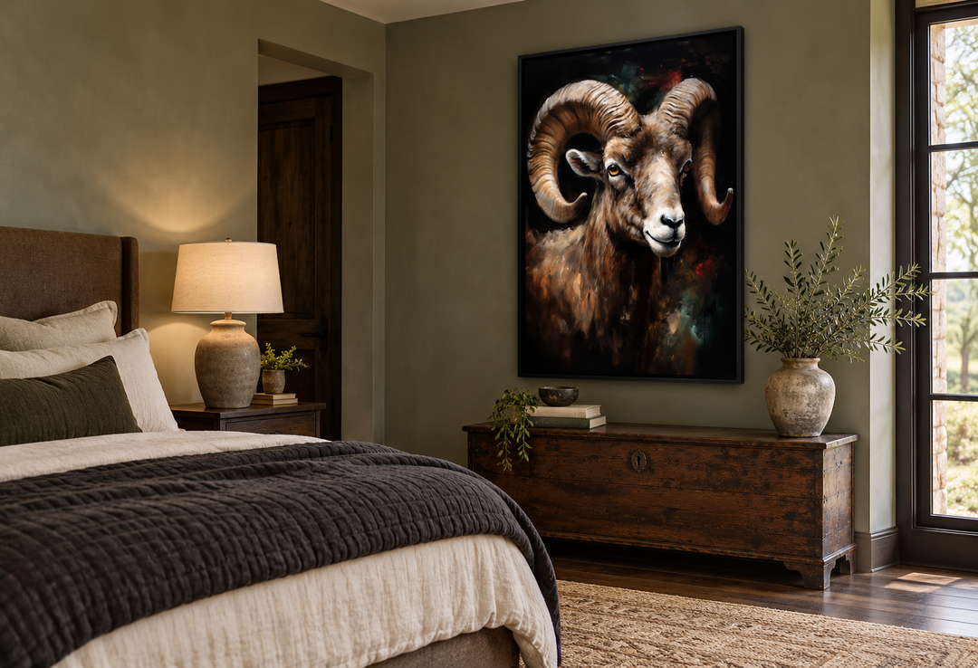 Bighorn Ram Framed Canvas Wall Art in a black frame hanging above a wooden chest in a bedroom.
