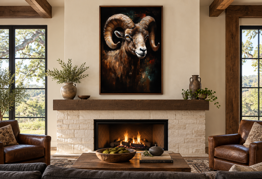 Bighorn Ram Framed Canvas Wall Art hanging above a rustic stone fireplace in a cozy living room.