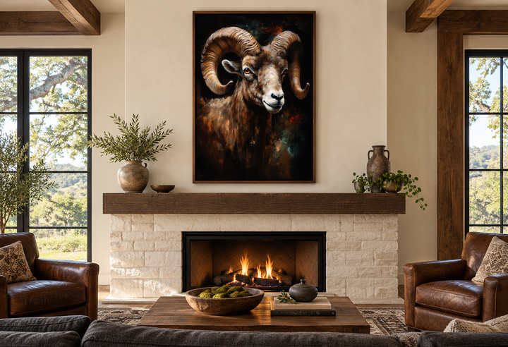Bighorn Ram Framed Canvas Wall Art hanging above a rustic stone fireplace in a cozy living room.