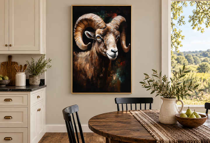Bighorn Ram framed canvas wall art in a gold frame hanging in a rustic dining room.