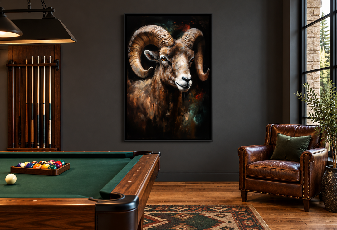 Bighorn Ram framed canvas wall art in a dark billiards room above a pool table and leather chair.