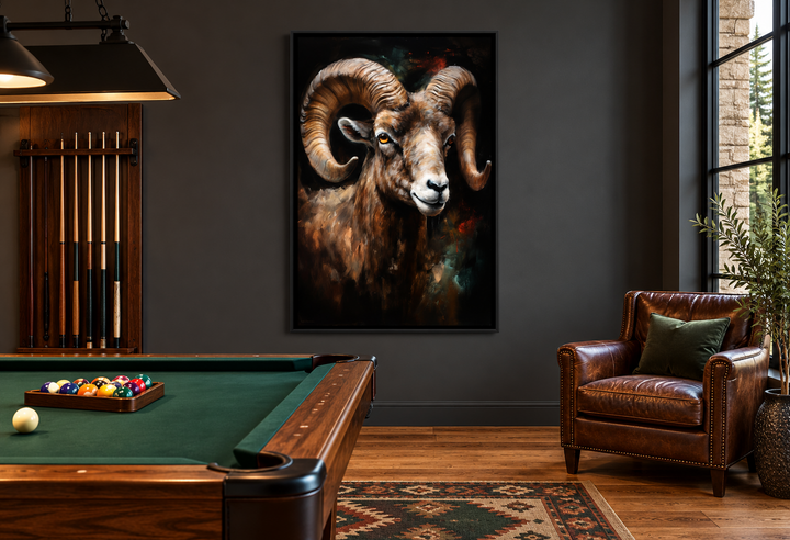 Bighorn Ram framed canvas wall art in a dark billiards room above a pool table and leather chair.