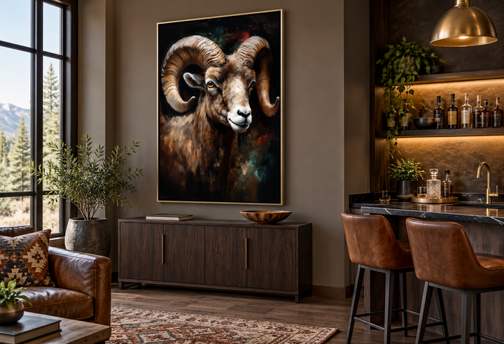Bighorn Ram Framed Canvas Wall Art in a gold frame above a dark wood sideboard in a rustic room.