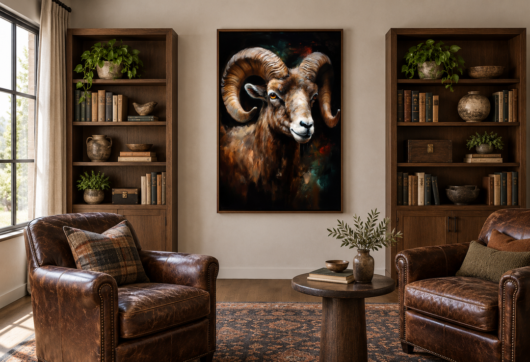 Bighorn Ram framed canvas wall art centered between two wooden bookshelves in a rustic study.