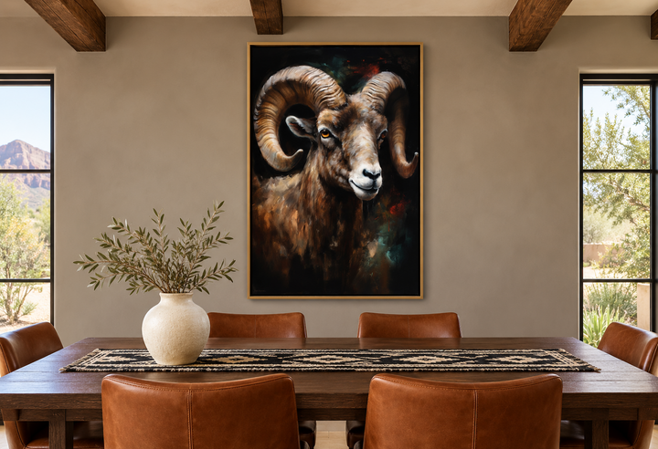 Bighorn Ram Framed Canvas Wall Art in a gold frame above a rustic dining table.