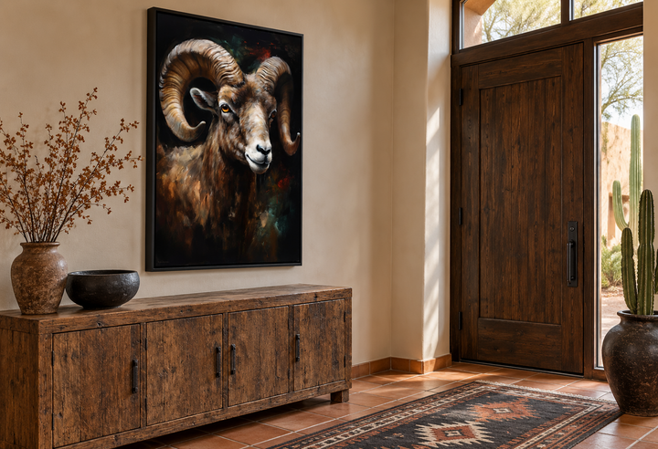 Bighorn Ram framed canvas wall art in a rustic entryway above a wooden sideboard.