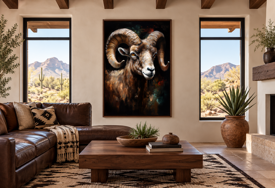 Bighorn Ram Framed Canvas Wall Art in a rustic living room with a leather sofa and desert views.