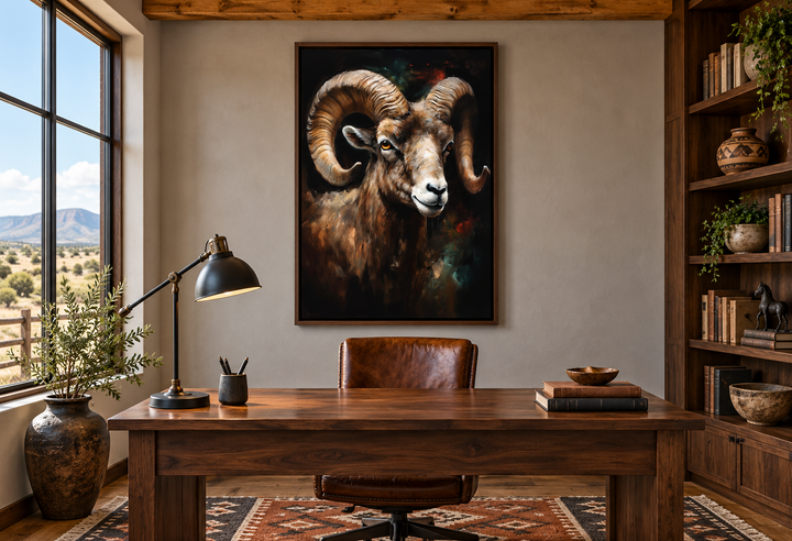 Bighorn Ram framed canvas wall art hanging above a wooden desk in a rustic office setting.