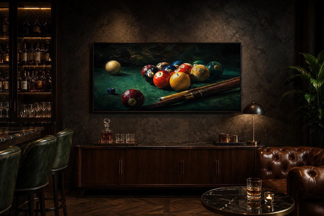 Billiard balls canvas print on a dark wall in a lounge with leather furniture and a home bar.