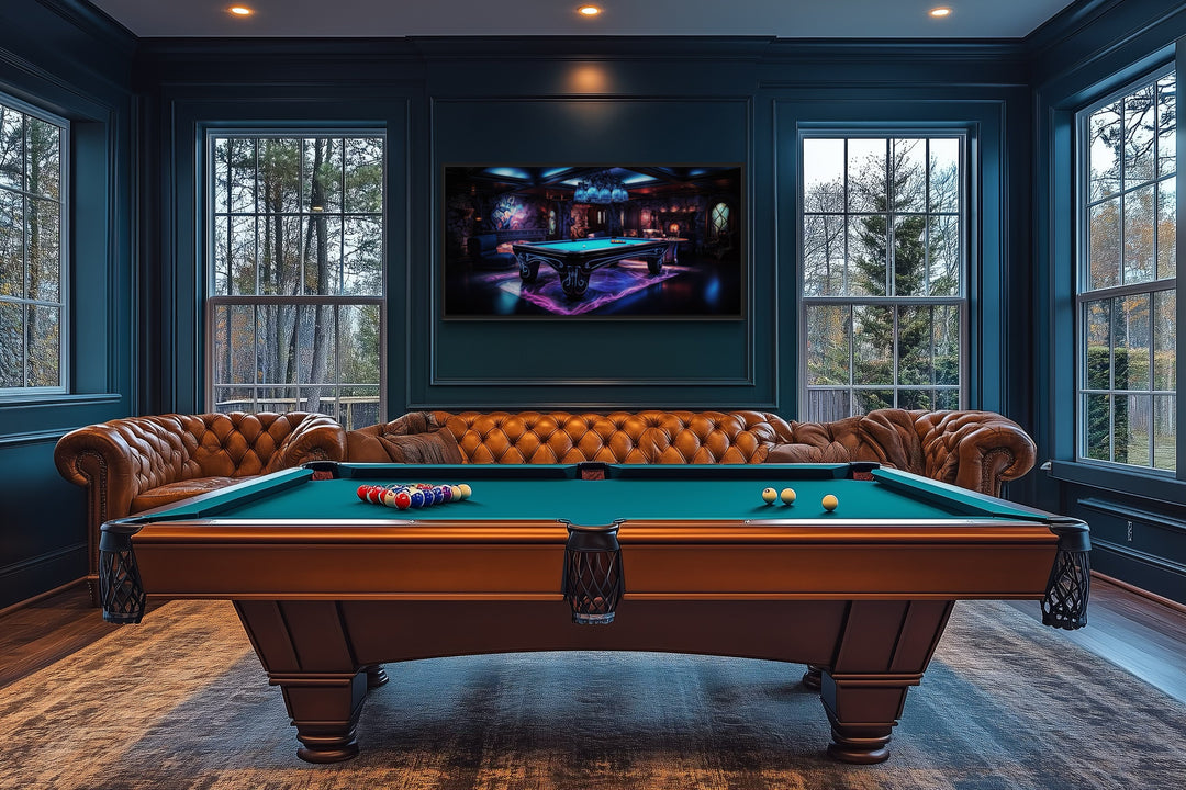 Billiards Neon Wall Art - Vibrant Pool Game Room Art | Framed Canvas Print