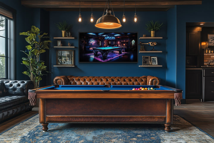 Billiards Neon Wall Art - Vibrant Pool Game Room Art | Framed Canvas Print