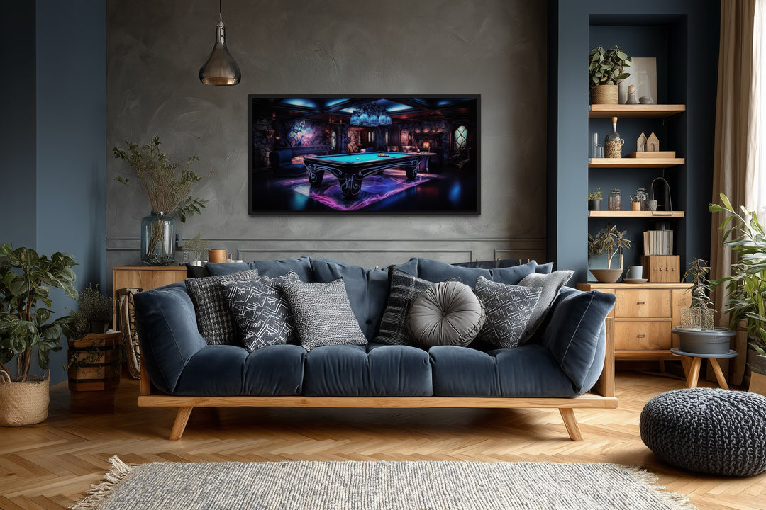 Billiards Neon Wall Art - Vibrant Pool Game Room Art | Framed Canvas Print