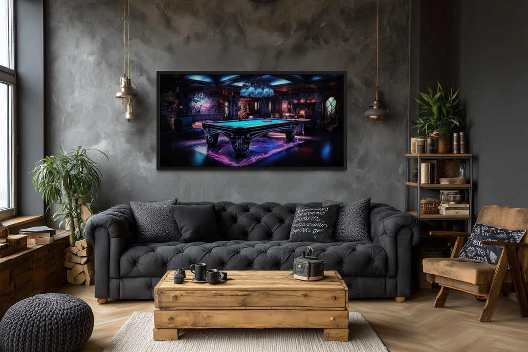 Billiards Neon Wall Art - Vibrant Pool Game Room Art | Framed Canvas Print