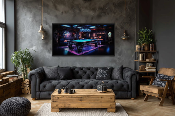 Billiards Neon Wall Art - Vibrant Pool Game Room Art | Framed Canvas Print