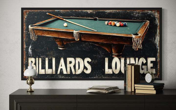 Billiards Lounge canvas print featuring a vintage pool table, cue, and balls on a dark background.