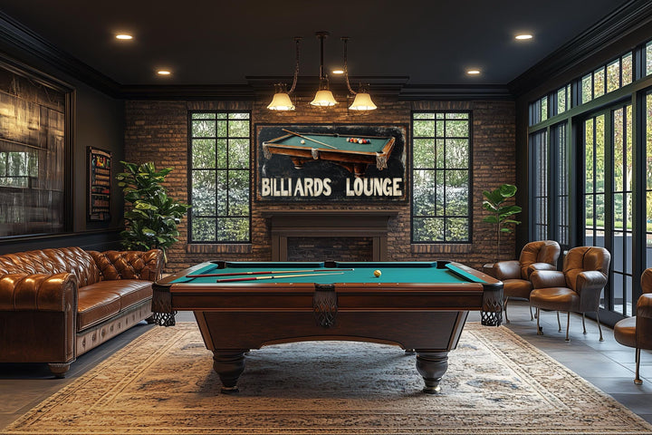 Billiards Lounge sign canvas print hanging above a fireplace in a rustic game room with pool table.