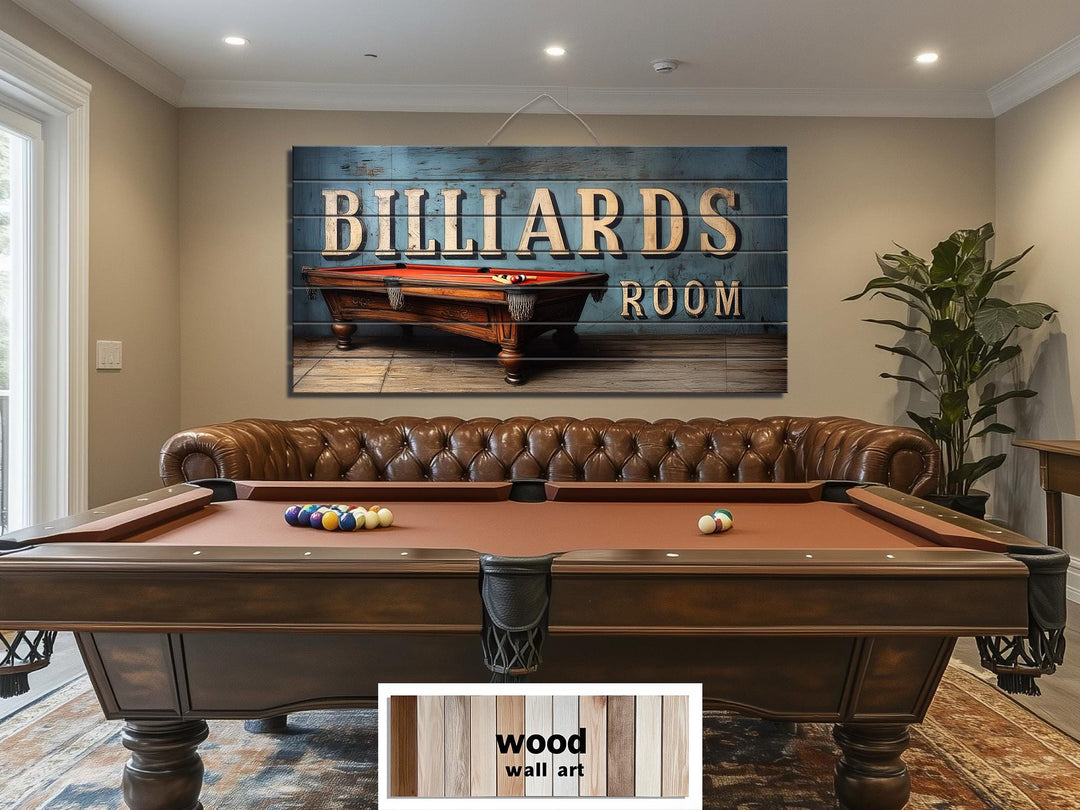 Billiards Room Sign Distressed Wood Wall Art