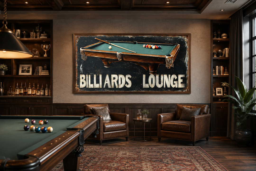 Billiards Lounge canvas print featuring a pool table painting in a rustic game room setting.