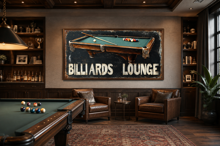 Billiards Lounge canvas print featuring a pool table painting in a rustic game room setting.