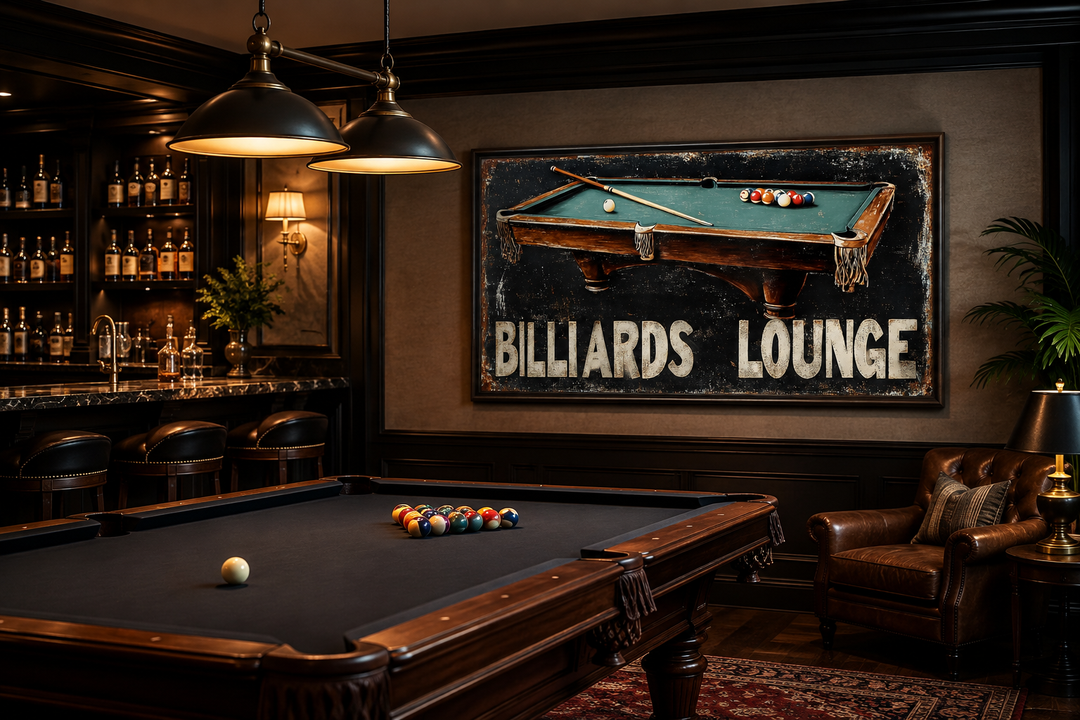 Vintage-style Billiards Lounge canvas print hanging in a dark, wood-paneled game room with a bar.