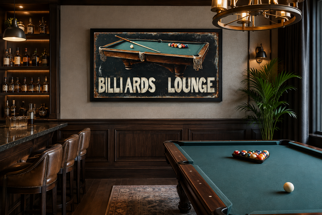 Billiards Lounge canvas sign featuring a pool table painting in a dark wood-paneled game room.
