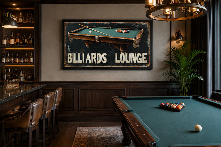 Billiards Lounge canvas sign featuring a pool table painting in a dark wood-paneled game room.