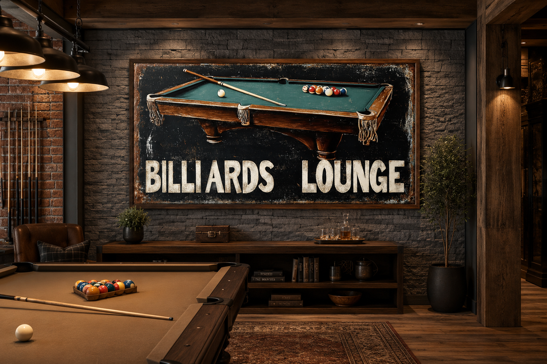 Billiards Lounge canvas print featuring a pool table painting on a dark stone wall in a game room.