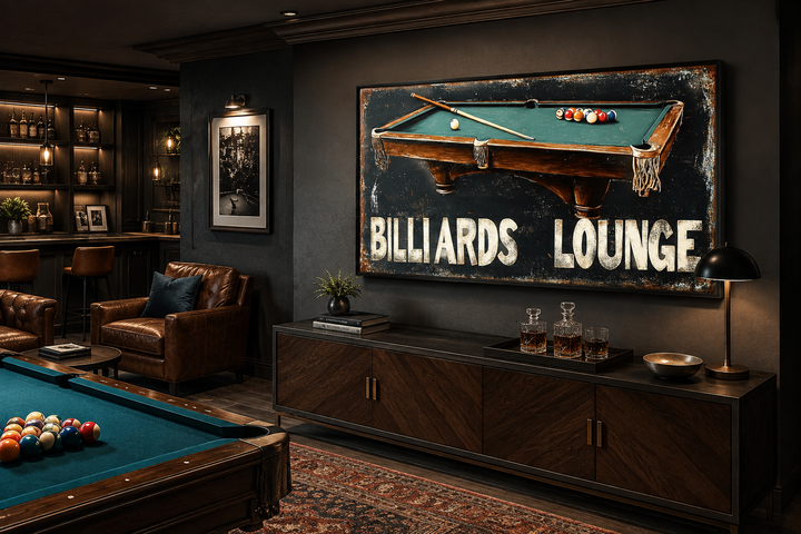 Billiards Lounge canvas print featuring a pool table painting in a dark, sophisticated game room.
