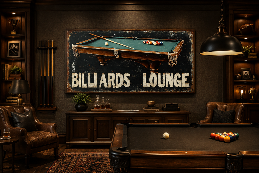 Vintage-style Billiards Lounge canvas print hanging in a dark, wood-paneled game room.