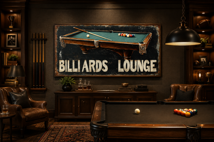 Vintage-style Billiards Lounge canvas print hanging in a dark, wood-paneled game room.